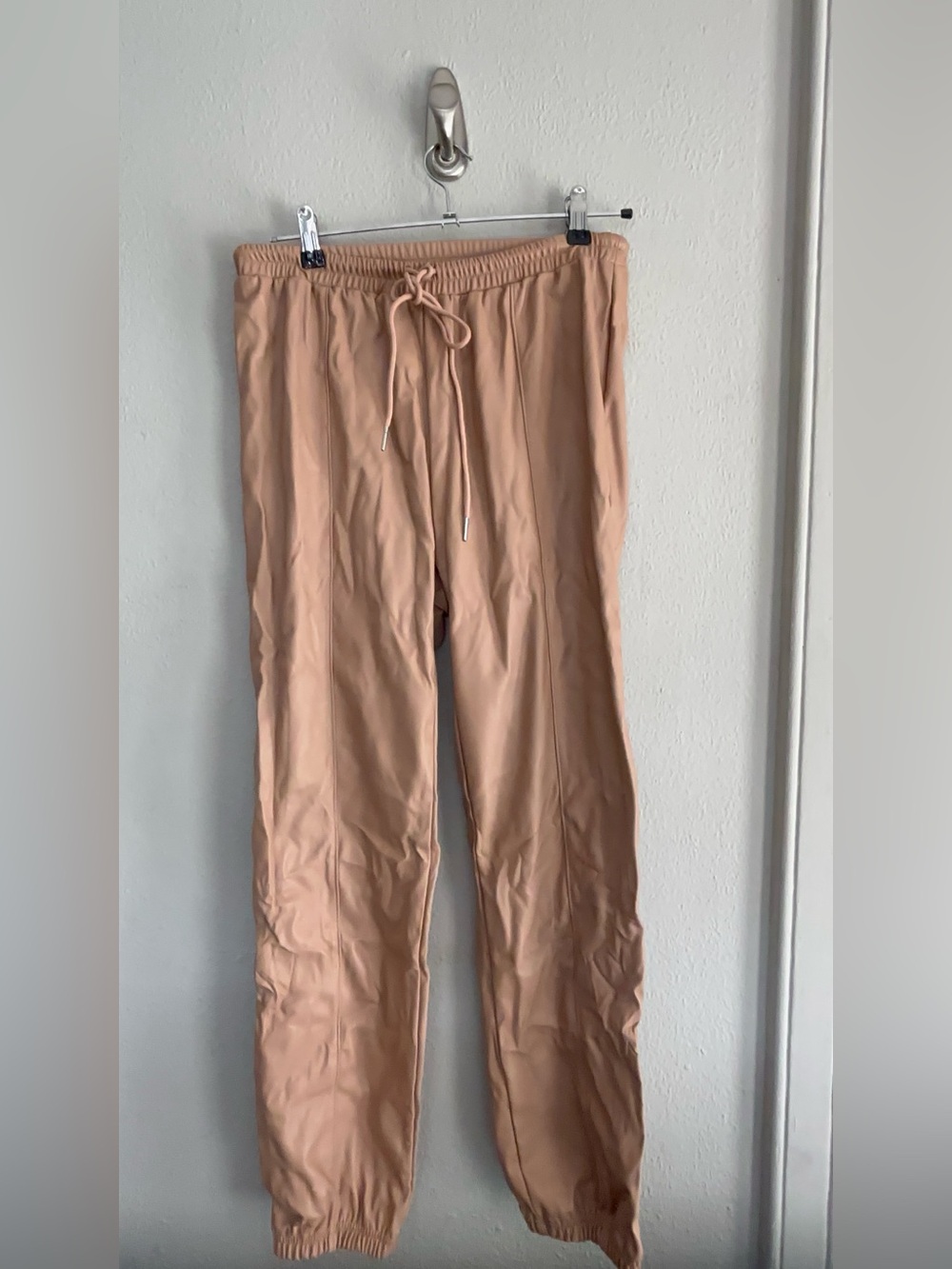 SHEIN Tan Fleece-Lined Faux Leather Joggers | Vegan Leather Pants | Size Medium